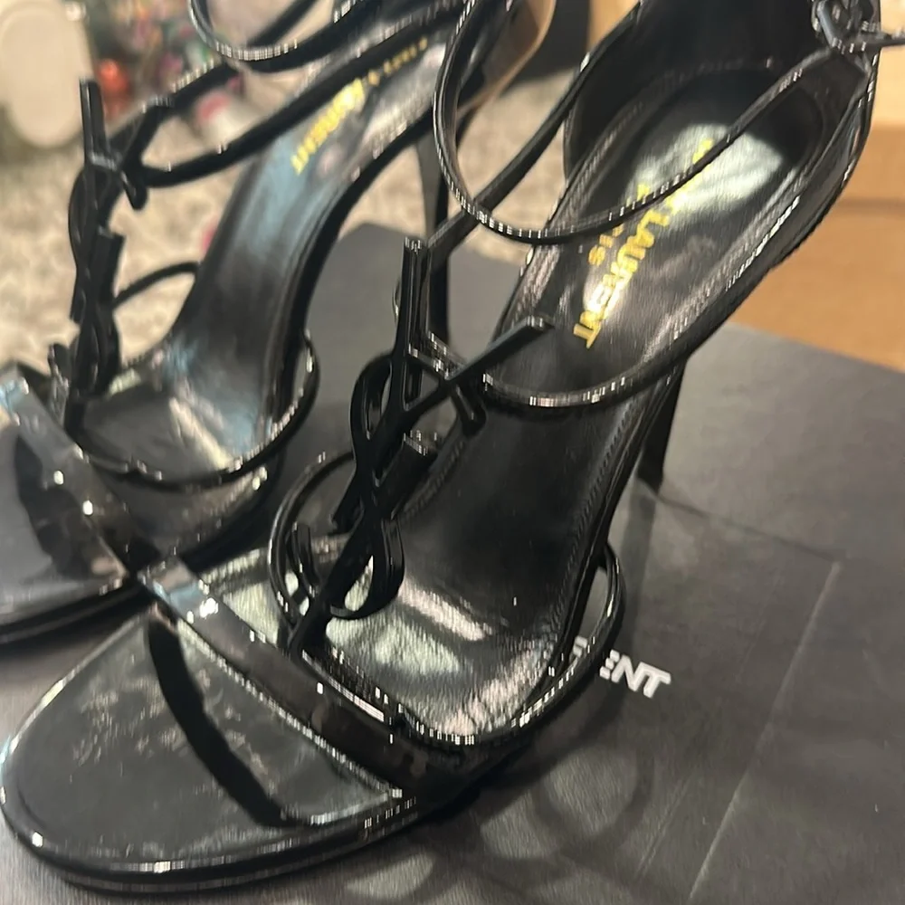 Saint Laurent Glossy Black Strappy Heels - Picture 17 of 17